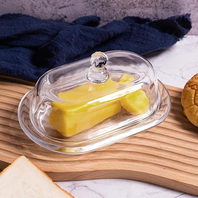 7.5" Large Glass Butter Dish with Cover, Clear Crystal Glass Butter Holder Tray with Lid for Countertop Fridge