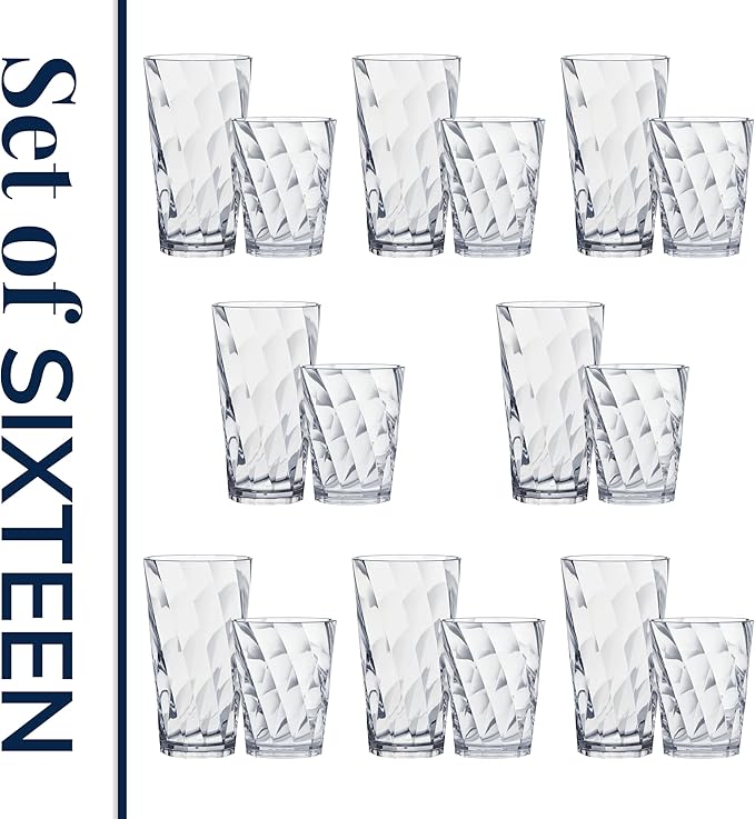 US Acrylic Optix Plastic Reusable Drinking Glasses (Set of 16) 14oz Rocks & 20oz Water Cups in Clear | BPA-Free Tumblers, Made in USA | Top-Rack Dishwasher Safe