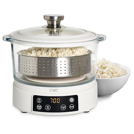 COOK WITH COLOR 3L Glass Low Carb Rice Cooker - Makes 6 Cups Cooked Low Sugar Rice with Auto Lift Filter Basket, Hotpot & Steamer for Rice, Grains and Oats, Digital Panel with Keep Warm, Cream