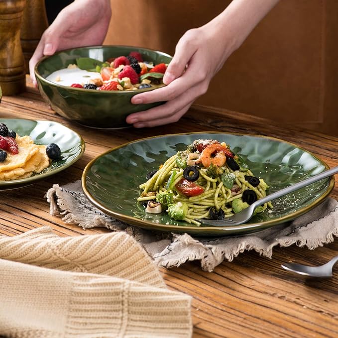 vicrays Ceramic Dinner Plates Set, 10.5 Inch, Set of 6, Round, Microwave, Oven, Dishwasher Safe, Scratch Resistant, Porcelain Fluted Suitable for Steak, Pasta, Pizza, Home, Restaurant, Green
