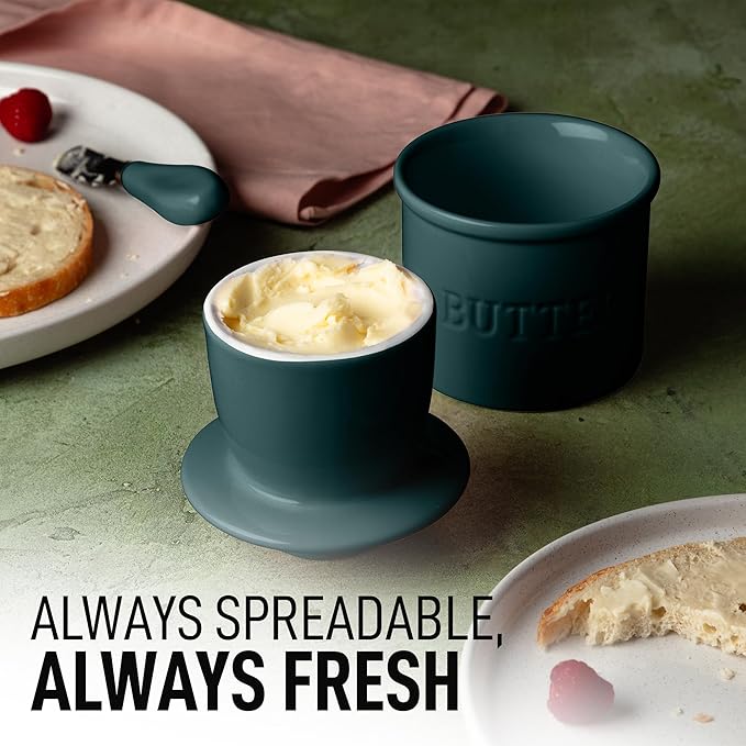 Zulay Kitchen Porcelain Butter Crock With Lid & Knife - Authentic French Butter Dish For Fresh & Spreadable Butter - Forest Green