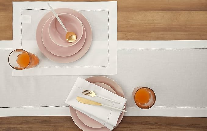 Solino Home White Table Runner 48 Inches - Cotton Linen Hemstitch Coffee Table Runner 14 x 48 Inch Ideal for Dresser Tables - Summer, Fall, Autumn, Halloween