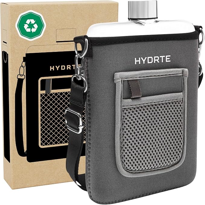 Flat Travel Water Bottle | Leak Proof Slim Flask | BPA Free | 18 oz (Slate Grey)