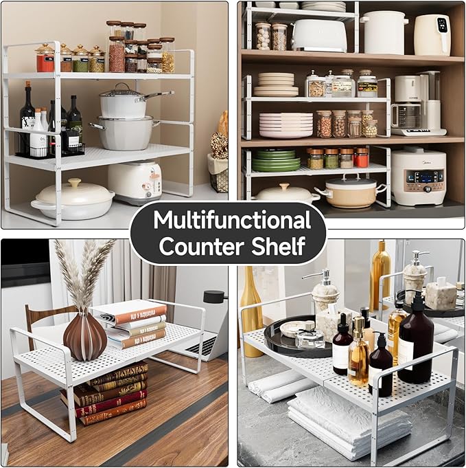 2Pack Expandable Cabinet Countertop Shelves 16.5-27’’L, Adjustable Metal Spice Rack Organizer, Stackable Kitchen Counter Storage Shelves Organizers for Cabinet Organization, White