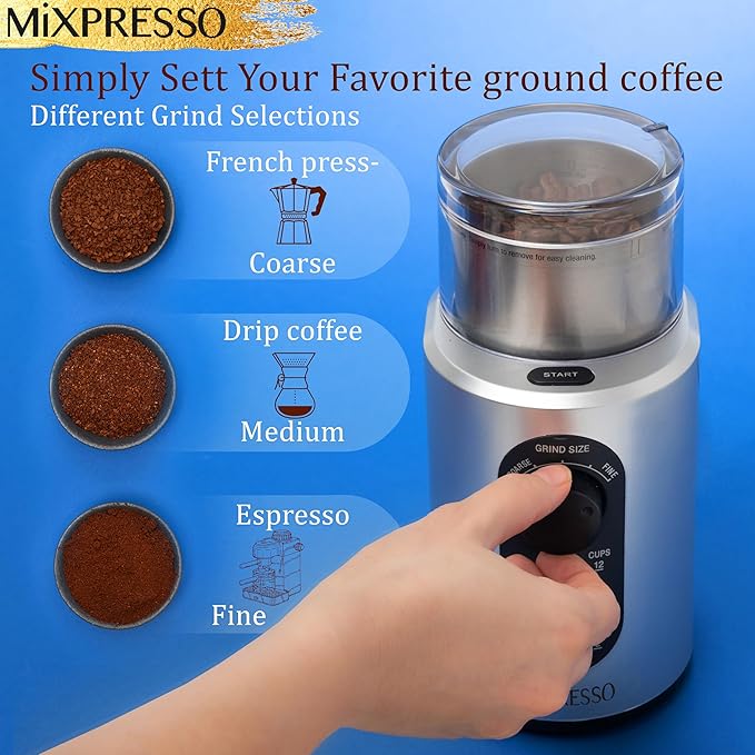 Mixpresso Electric Coffee Grinder 12 Cup Capacity, 304 Stainless Steel Blade, Espresso Bean Grinder, Removable Chamber, Coffee Grinder Electric with 5 Presets For Spices & More
