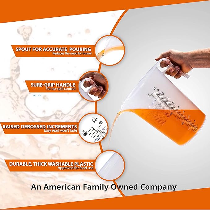 One Gallon 128oz Measure Pitcher - Convenient Conversion Chart - Strong Food Grade - Great for Lawn, Chemicals Pool, Ag, Lye, Home Hobbies, Motor Oil, Fluids - Turnah Precision Products, Made in USA