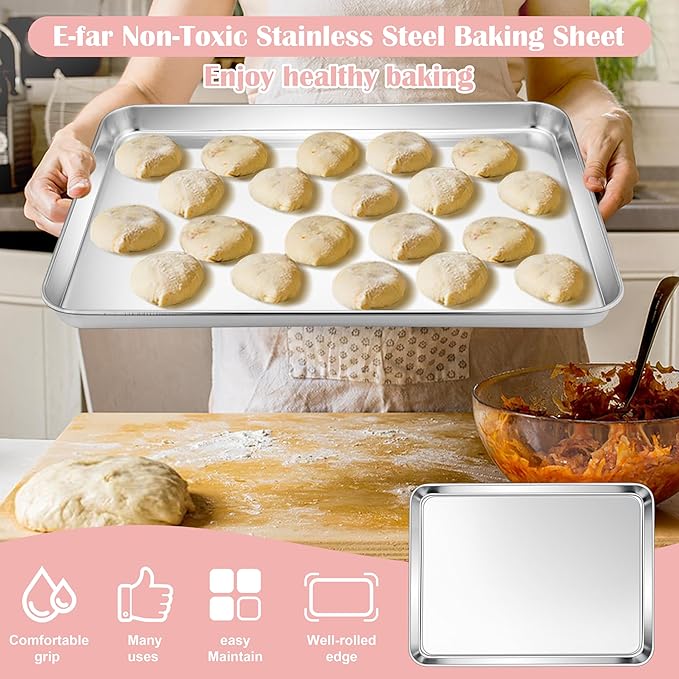 E-far Cookie Sheets for Baking, 18”x13” Stainless Steel Baking Sheet Pans for Oven, Large Non Toxic Metal Baking Tray for Baking Roasting, Healthy & Rust Free, Mirror Finish & Dishwasher Safe, 2 Pack