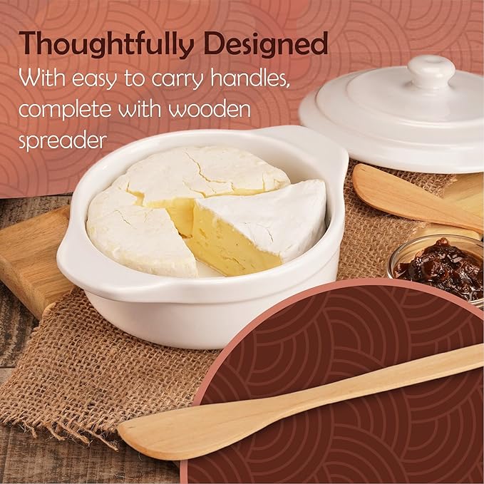 Muldale Brie Baker with Lid and Spreader - Camembert Baker Crock in White - Free from Lead Ceramic Baking Dish - 5.5” - Fits Standard Camembert Wheel