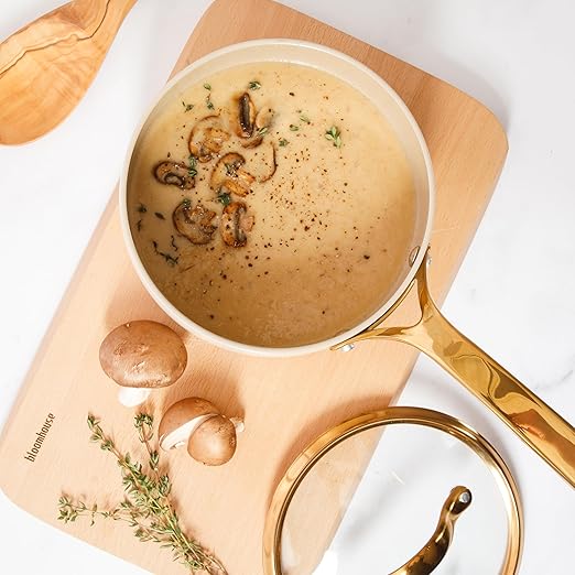 bloomhouse 3 Quart Heavy Duty Aluminum Premium PFA Free Ceramic Nonstick Saucepan with Lid - Almond Cream w/Gold Handle