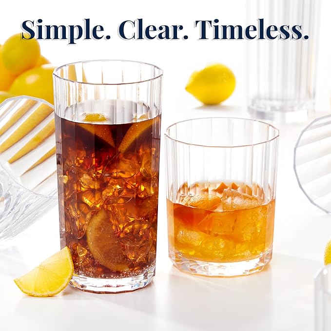 US Acrylic Faceted Clear Plastic Reusable Drinking Glasses (Set of 8) 14oz Rocks & 18oz Water Cups | BPA-Free Tumblers, Made in USA | Top-Rack Dishwasher Safe