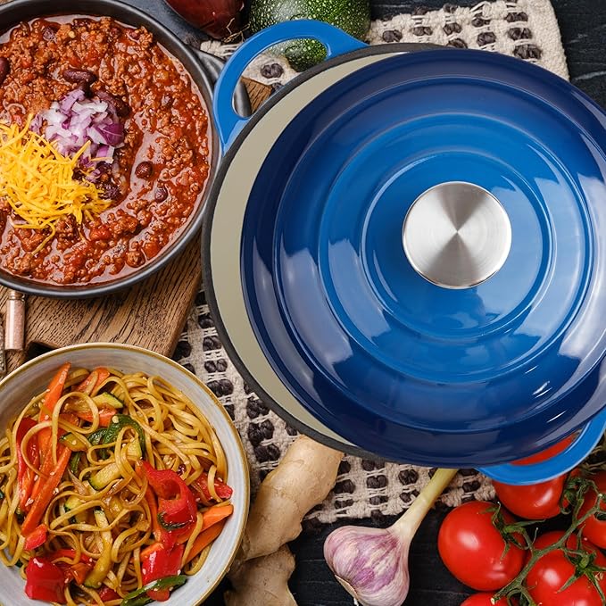 6 Quart Dutch Oven Enameled Cast Iron with Lid - Big Dual Handles - Oven Safe up to 500°F - Classic Round Pot for Versatile Cooking (Blue, 6 QT)