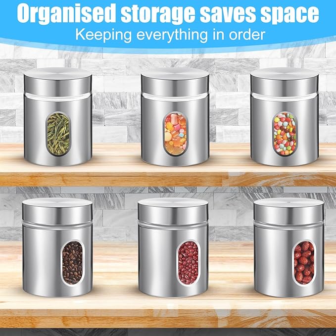 6 Pack Kitchen Canisters Set 20 oz Stainless Steel Canisters with Window Glass and Lids Airtight Coffee Sugar Tea Candy Storage Jars Food Storage Container for Flour Cookies Spices Grains