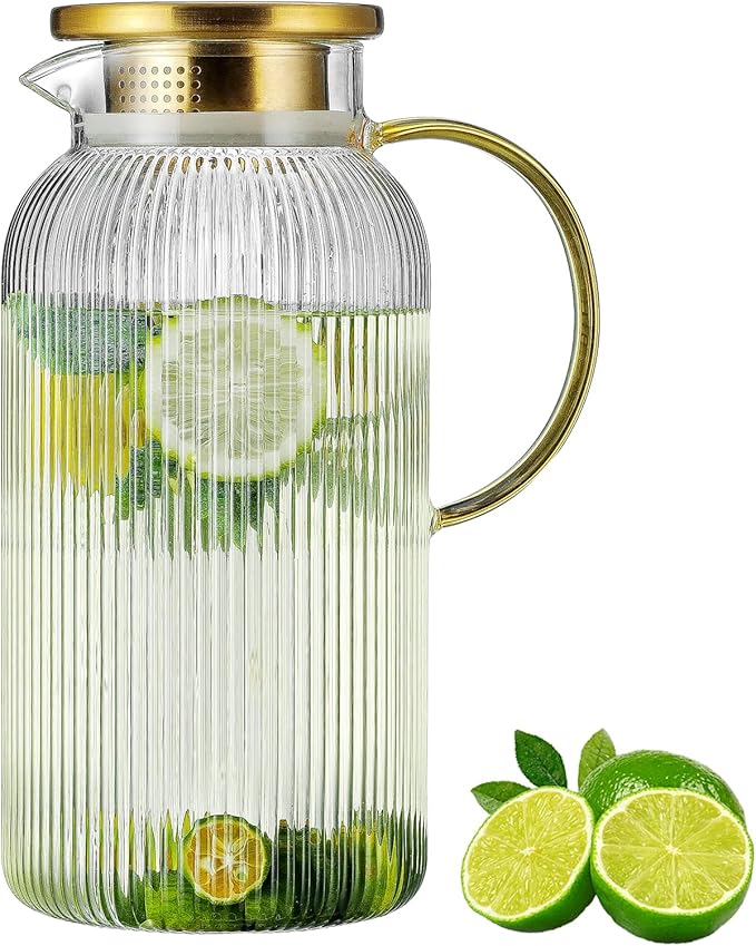 Glass Pitcher with Lid, 68 oz/2 Liter Classic Vertical Stripes Water Pitcher,Glass Water Carafe for Cold Brew, Coffee, Lemonade, Iced Sun Tea,Beverage,Milk, Heat Resistant