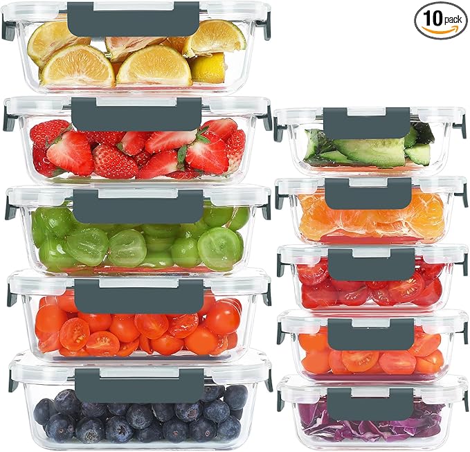 10 Pack Glass Food Storage Containers, Meal Prep Containers with Lids, Airtight Glass Lunch Boxes, Freezer, Oven, and Microwave Safe