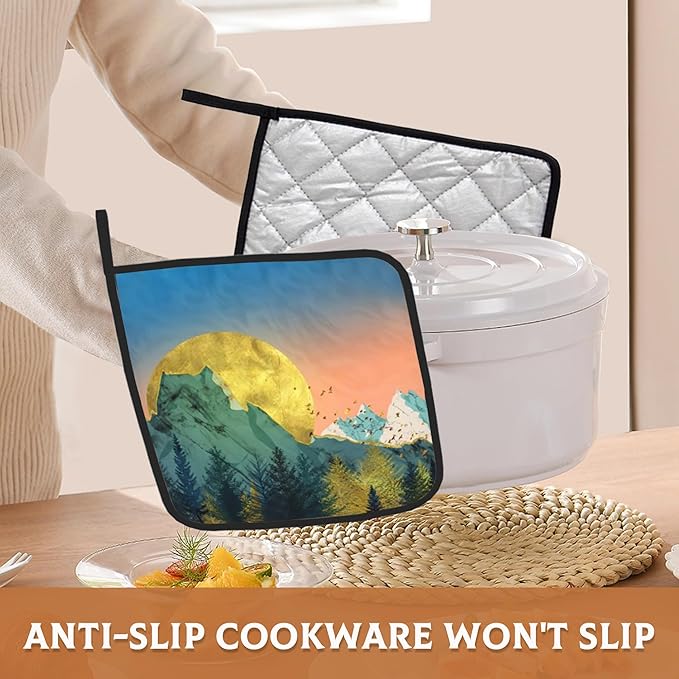 Mountains Sun Nature Scenery Pot Holders Set of 2 Heat Resistant Potholders,Fire Oven Hot Pads for Kitchen Cooking Baking Barbecue