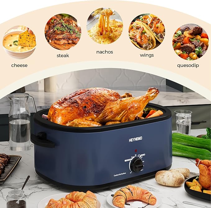 22 Quart Electric Turkey Roaster Oven with Removable Pan Large Stainless Steel Roaster, Visible & Self-basting Lid, Fast Heating & Thaw/warming Setting, Blue