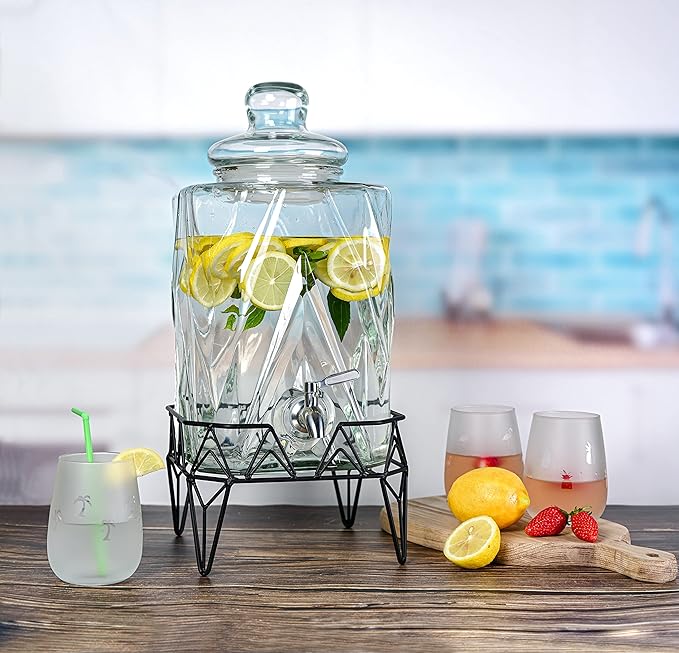 Glacial Ice Design Glass Beverage Dispenser with SS Spigot and Stand - 2.5 Gal