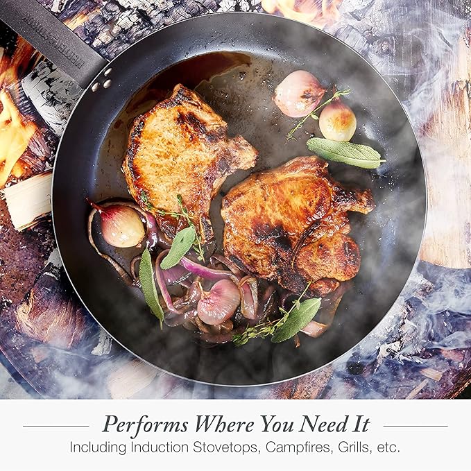 Merten & Storck Pre-Seasoned Carbon Steel 8” Frying Pan Skillet, Use on Induction, Stove and Grill, Durable, Even-Heating, for Searing, Grilling, Oven Use, and Campfire, Indoor/Outdoor