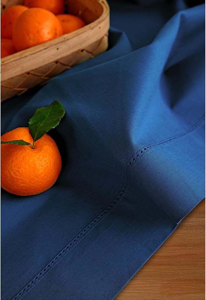 Solino Home Table Runner 108 Inches Long - Cotton Linen Hemstitch Lapis Blue Table Runner 14 x 108 Inch for Summer, Fall, Autumn