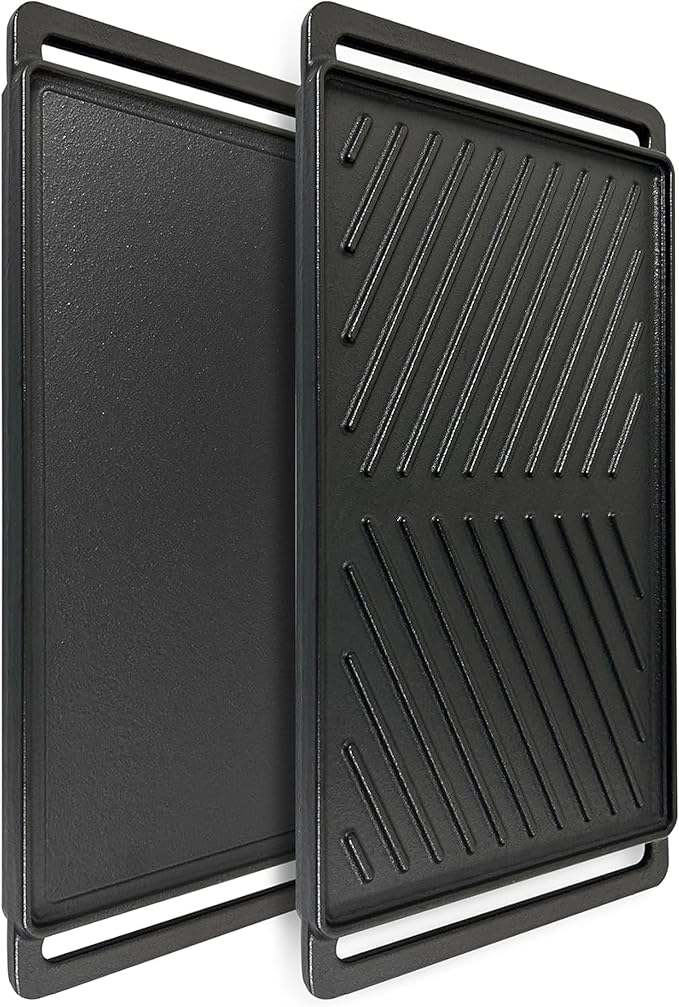 SafBbcue Reversible Cast Iron Grill Griddle Plate for Most Gas Grill Wood Pellet 19" x 9.5", Replace for CCP-2000 Ribbed Grill & Smooth Flat Top Griddle, Heavy Duty Cast Iron, Outdoor Indoor