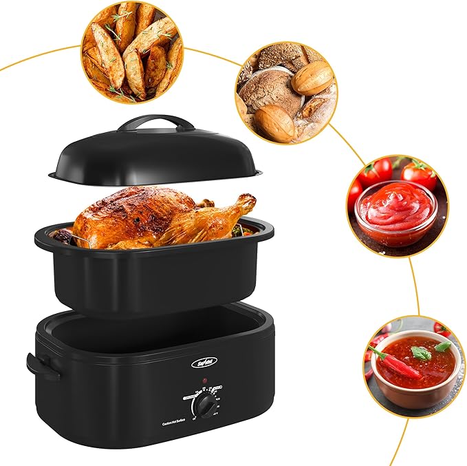 Sunvivi 20-Quart Roaster Oven with Self-Basting Lid, Electric Turkey Roaster Oven with Removable Pan and Rack, Stainless Steel, Black