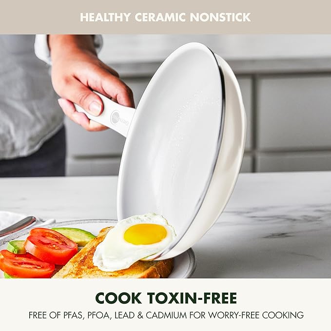 GreenPan Dover 8” 10” 2 Piece Frying Pan Skillet Set, Non-Toxic PFAS-Free Ceramic Nonstick Coating, Sear Saute Fry Egg Omlete, Dishwasher & Oven Safe, Stay Cool Handle, Easy Pour Rims, Cream White