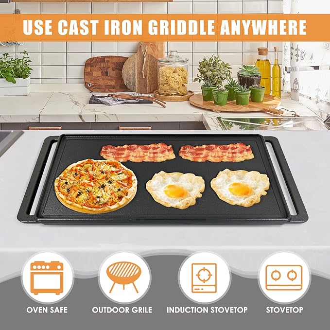 SafBbcue Reversible Cast Iron Grill Griddle Plate for Most Gas Grill Wood Pellet 19" x 9.5", Replace for CCP-2000 Ribbed Grill & Smooth Flat Top Griddle, Heavy Duty Cast Iron, Outdoor Indoor