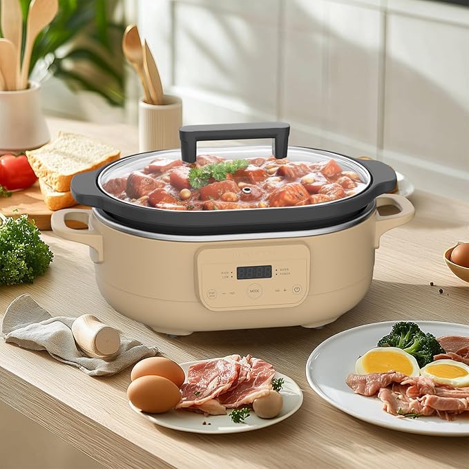 6 Quart Programmable Slow Cooker Removable Healthy Nonstick Crock Pot - Small Kitchen Appliance for Family Dinners - Serves 6+ People - Heat Settings: Keep Warm Brown Brown