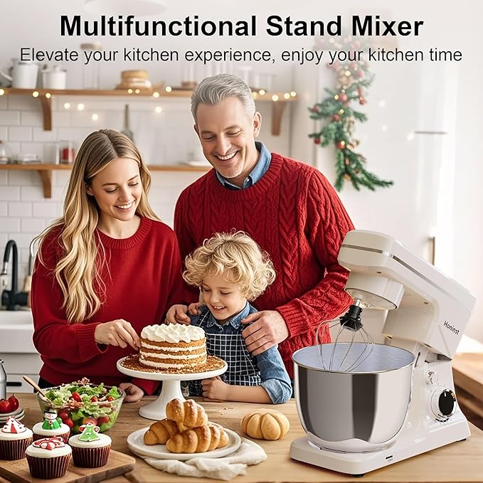 10-Speed Stand Mixer with 8-in-1 Splash Guard, Tilt-Head, 6QT Stainless Steel Bowl + Dishwasher-Safe Dough Hook/Whisk/Beater/Spatula for Baking Bread, Cakes, Cookies, Beige