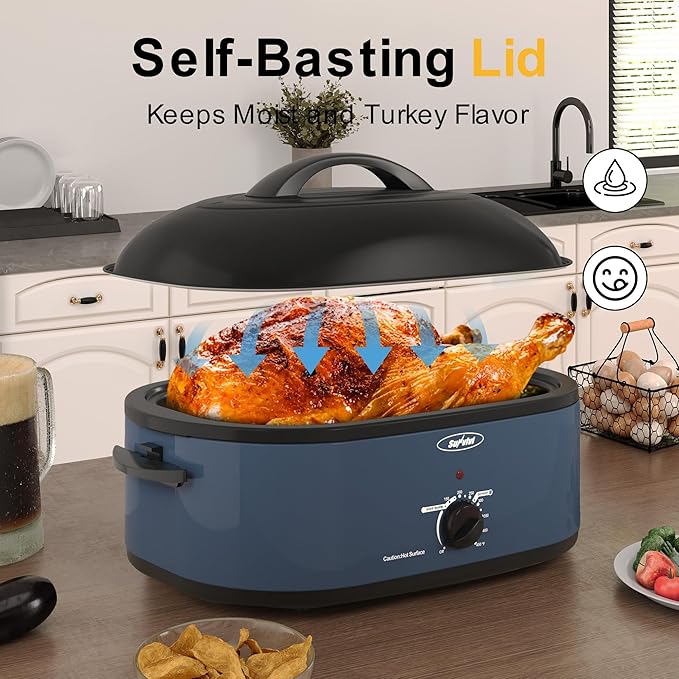 Royalcraft Roaster Oven with Self-Basting Lid, 18qt Electric Roaster with Removable Pan & Rack, Turkey Roaster Oven with Defrost & Warm Function, Stainless Steel, Blue