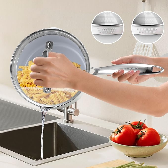 Tri-Ply Stainless Steel Sauce Pan with Steamer Basket & Strainer Glass Lid–Multi- Function Pot 2 QT- Modern Sleek Design–Safe,Chemical-Free & Stylish Cookware–Upgrade Your Kitchen with Healthy Cooking