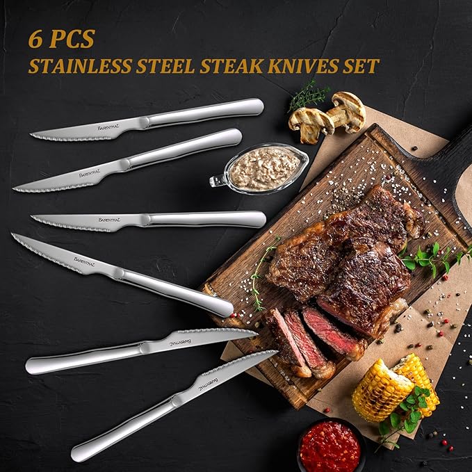 Steak Knives Set of 6, German Stainless Steel Sharp Steak Knife Set, 4.8 Inch Serrated Knives with Box, Steak Knifes for Home Party Christmas Gift