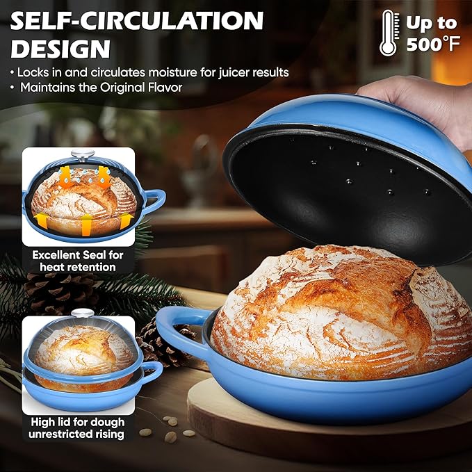 Bread Dutch Oven for Sourdough Baking (5.5 QT), Joyfair Enameled Cast Iron Dutch Oven Pot with Lid, Sourdough Bread Pan with Heavy Duty Dual Handles, Non-Stick & Even Heat, Oven-safe up to 500°F, Blue