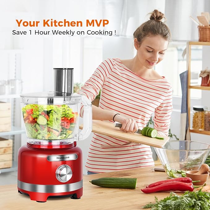 Homtone 16 Cup Food Processor Large, 9 Functions 7 Blades 3 Speeds for Shredding, Slicing, Making French Fries, Chopping Meat, Kneading Dough & Emulsifying, 600W, Red