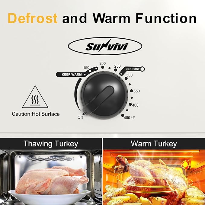 Sunvivi 14-Quart Roaster Oven with Self-Basting Lid, Electric Turkey Roaster Oven with Removable Pan and Rack, Stainless Steel, White