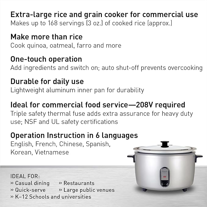 Panasonic Commercial Rice Cooker, 208V Extra-Large Capacity 80-Cup (Cooked), 40-Cup (Uncooked) with One-Touch Operation - SR-GA721L - Silver