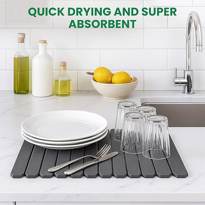 Large Stone Dish Drying Mat – Foldable Placemat Made with Diatomaceous Earth – Super Absorbent Drying Mat for Kitchen Counter – Modern Kitchen Essentials For Dishes, Bottles & More – 24"x16"