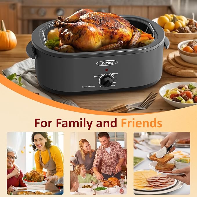 Sunvivi 18-Quart Roaster Oven with Self-Basting Lid, Electric Turkey Roaster Oven with Removable Pan and Rack, Stainless Steel, Grey