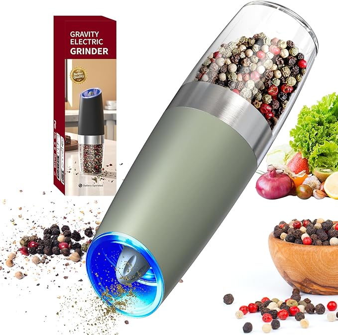 CIRCLE JOY Gravity Electric Pepper Grinder, Pepper Griner Mill Electric with LED Light, Battery Operated, Adjustable Coarseness, Washable 135ml Container, Green