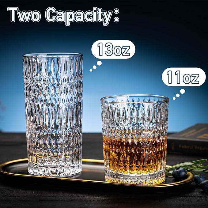 Drinking Glasses, 8 Piece Crystal Glass Cups, Mixed Glassware Set, 4 pcs 13oz Highballs and 4 pcs 11oz Old Fashioned Whiskey Glasses, Great for Cocktail, Whisky and other Beverages