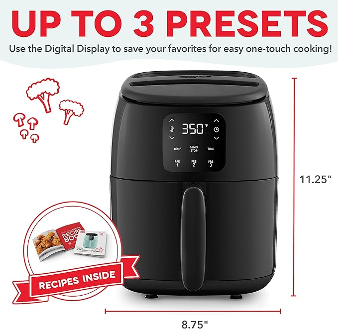 DASH Tasti-Crisp™ Electric Air Fryer Oven, 2.6 Qt., Black – Compact Air Fryer for Healthier Food in Minutes, Ideal for Small Spaces - Auto Shut Off, Digital, 1000-Watt
