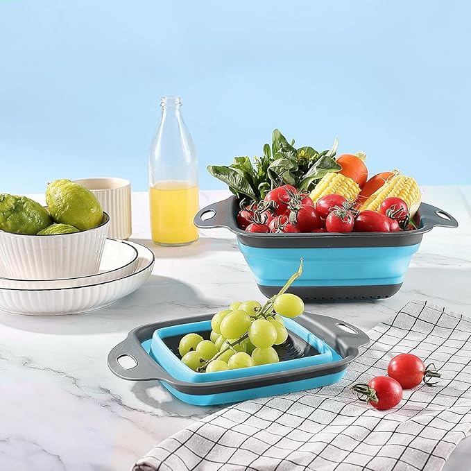 2 PCS Collapsible Colander, Collapsible Strainers for Kitchen, 11.5 inch Silicone Strainer and 9.5 inch Silicone Colander for Draining Vegetable fruit, Kitchen Food Strainer, Blue