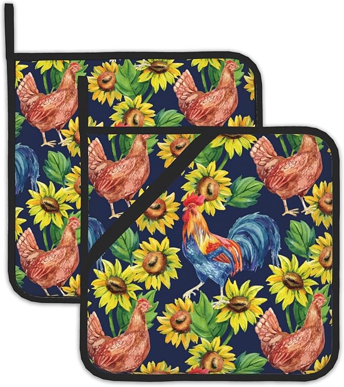 Rooster Farm Animals Pot Holders Set of 2, Kitchen Heat Resistant Hen Potholder for Microwave Cooking Baking Oven End Dishes and BBQ