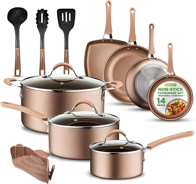 NutriChef 14-Piece Non Stick Kitchen Cookware Set w/Saucepan, Frying Pans, Cooking Pots, Dutch Oven Pot, Lids, Utensil, Gold
