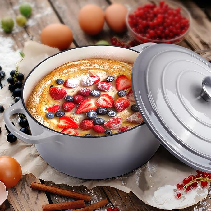 6 Quart Dutch Oven Enameled Cast Iron with Lid - Big Dual Handles - Oven Safe up to 500°F - Classic Round Pot for Versatile Cooking (Light Gray, 6 QT)