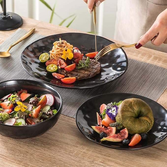 vicrays Ceramic Dessert Salad Plates, 8 Inch, Microwave, Oven, and Dishwasher Safe, Round, Porcelain Fluted Suitable for Snacks, Appetizer, Home, Party, Restaurant - Set of 6 Black