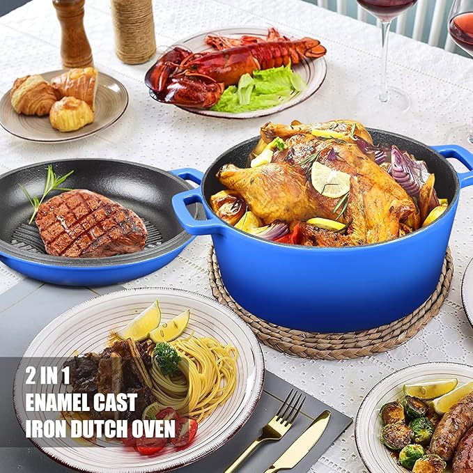 5Qt Dutch Oven, 2-In-1 Enamel Cast Iron Dutch Oven Pot with Skillet Lid, Heavy Duty Oven Safe Cookware for Sourdough Bread Baking Braising, Roasting Stewing Frying Simmering, Multi Stoves, Easy Clean (Gradient Blue)