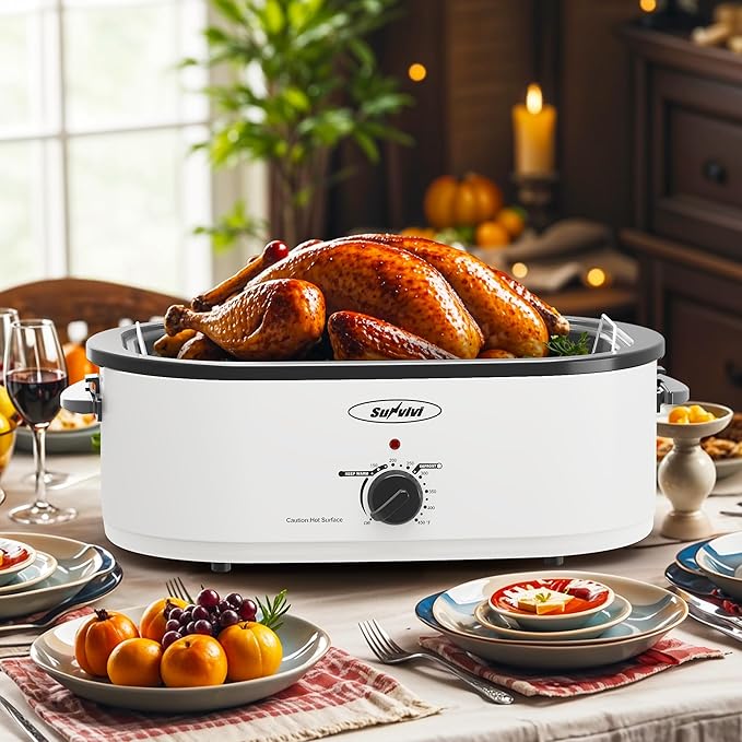 Sunvivi 18-Quart Roaster Oven with Self-Basting Lid, Electric Turkey Roaster Oven with Removable Pan and Rack, Stainless Steel, White