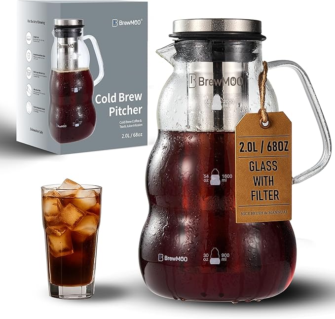 BrewMOO- Cold Brew Coffee Maker (2.0L/68Oz), Sleek Wave Borosilicate Glass Pitcher with Stainless Steel Filter, Airtight Lid + Wide Spout + Comfort Handle, Effortless Manual, Sophisticated Gift