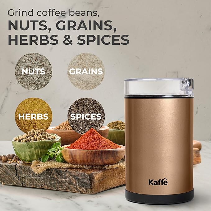 Kaffe One-Touch Coffee Grinder Electric w/Cleaning Brush (3 oz) - Stainless Steel - Coffee Grinders for Home Use - Up to 12 Cups of Coffee per Grind - Easy On/Off Coffee Bean Grinder - Copper